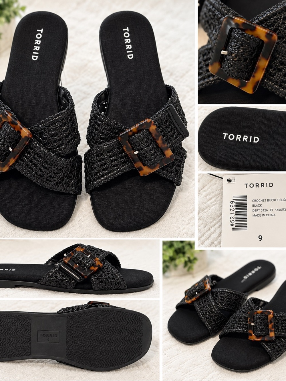 torrid Black Crochet Slide Sandals with Tortoiseshell Buckle 9 NWT